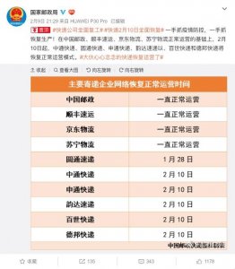 ​快递公司10日起全面复工恢复正常运营 各快递公司复工时间一览 你的快递到了吗