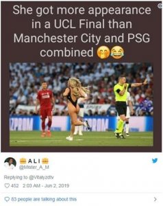 ​性感女球迷闯入欧冠决赛现场 事后Ins吸粉数十万